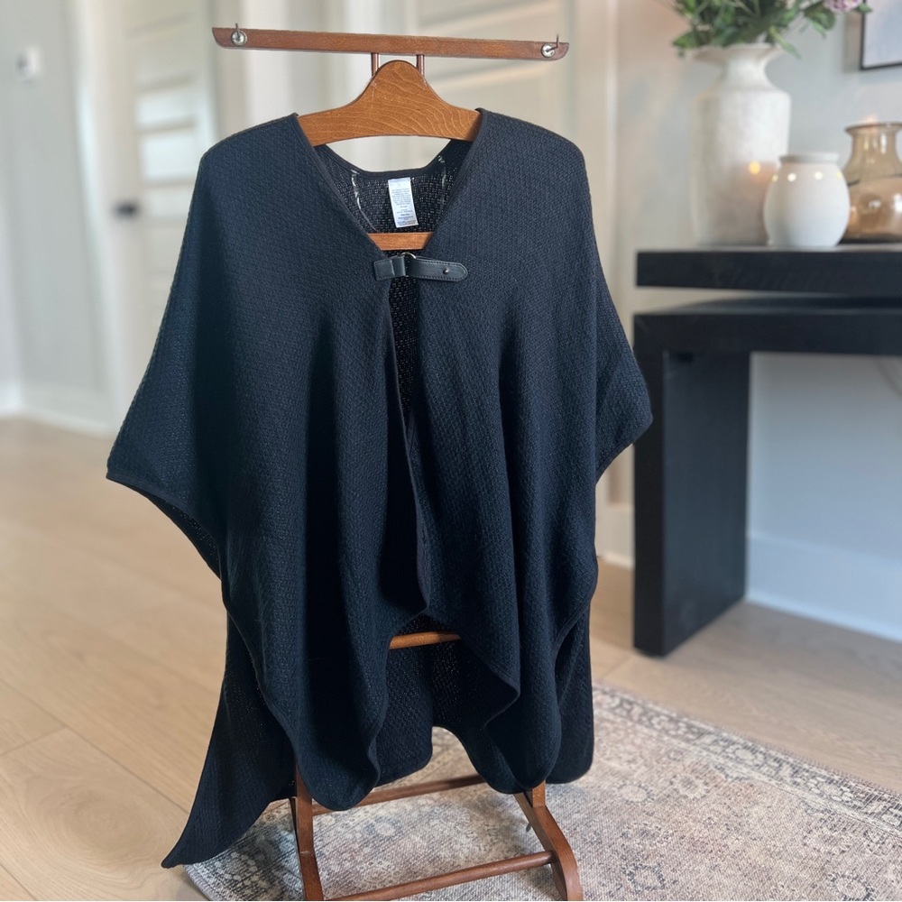 Women’s Black Knit Poncho with Belt Closure and Sewn Sleeves